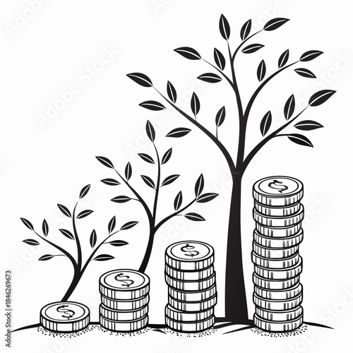 Black and white of coin stacks growing like trees line coin stacks