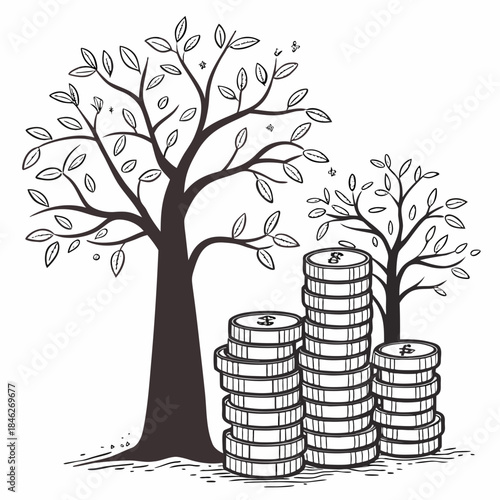 Black and white of coin stacks growing like trees line tree