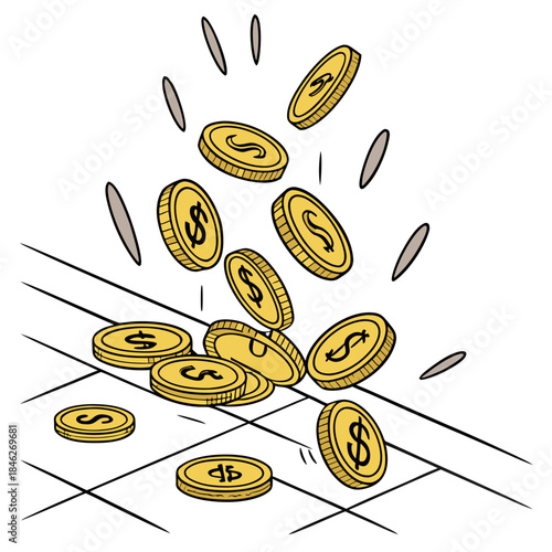 Gold coins falling on white glossy floor unevenly white floor