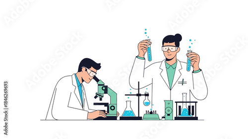 illustration of scientists conducting experiments in a laboratory setting with scientific