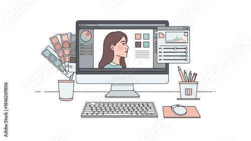 A graphic designer's workstation featuring a computer displaying a portrait, color swatches, and editing tools.