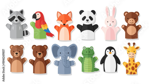 Collection of various animal hand puppets, perfect for children's entertainment and educational purposes.