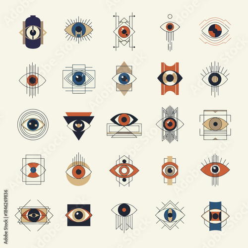 Collection of Mystical Eye Symbols in Geometric Designs.
