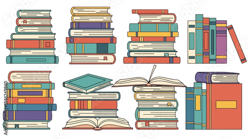 Illustration of stacks of books in various colors and arrangements, some open, some closed, with visible pages and spines.