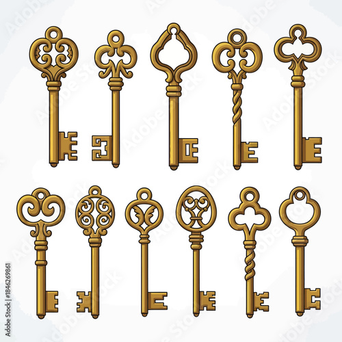 Collection of Ornate Antique Keys on White Background.