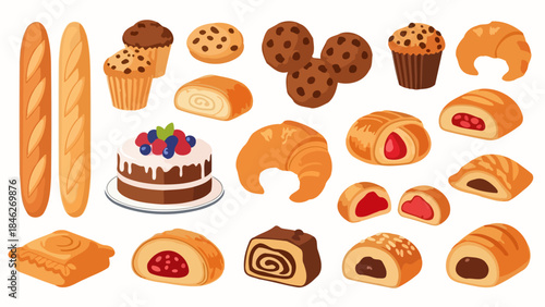 A vibrant assortment of freshly baked pastries, including croissants, muffins, cookies, cakes, and bread rolls, arranged attractively.