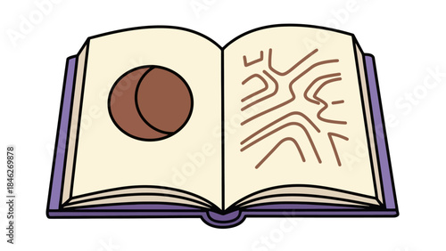 An open book with a drawing of the moon on the left page and a topographic map on the right page.