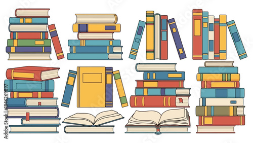 Collection of various colorful books stacked and arranged in different formations, representing knowledge.