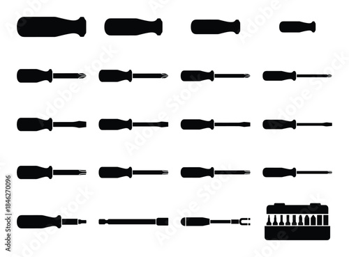 Screwdriver Set Silhouette Collection Vector Illustration isolated on white background