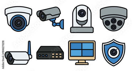 Security System Icons Set CCTV Cameras Recorder Monitor Shield Surveillance Equipment Vector Illustration