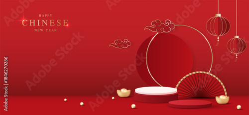 Podium stage chinese style for chinese new year and festivals or mid autumn festival with red background. mock up stage with festive lanterns and clouds. vector design.