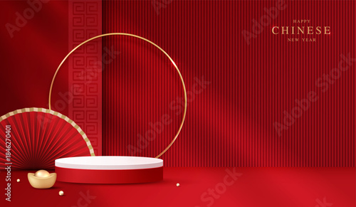 Podium stage chinese style for chinese new year and festivals or mid autumn festival with red background. mock up stage with festive lanterns and clouds. vector design.