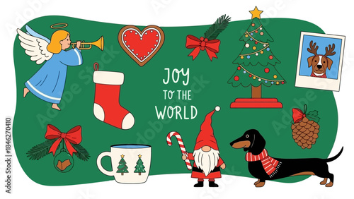Joy to the World Christmas Elements: Angel, Gnome, Dog, Tree, Stocking, Cookie, Mug
