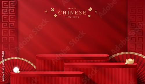 Podium stage chinese style for chinese new year and festivals or mid autumn festival with red background. mock up stage with festive lanterns and clouds. vector design.