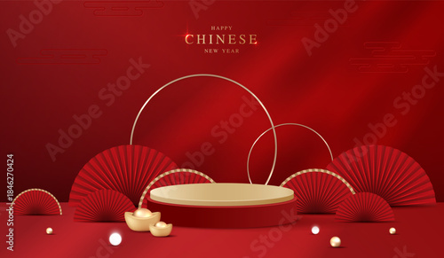 Podium stage chinese style for chinese new year and festivals or mid autumn festival with red background. mock up stage with festive lanterns and clouds. vector design.