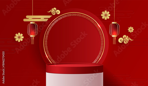 Podium stage chinese style for chinese new year and festivals or mid autumn festival with red background. mock up stage with festive lanterns and clouds. vector design.