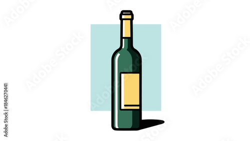 Dark Green Wine Bottle with Yellow Label on Light Blue Background and Shadow