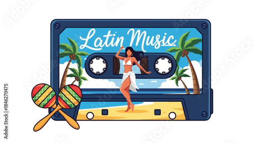 Retro Cassette Tape with Latin Music Scene and Maracas, Tropical Beach Vibe