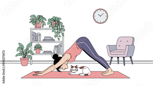 Woman Practicing Yoga Downward Dog Pose with Cat on Mat in Bright Room