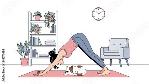 Woman in Downward Dog Yoga Pose with Cat in Bright, Modern Living Room