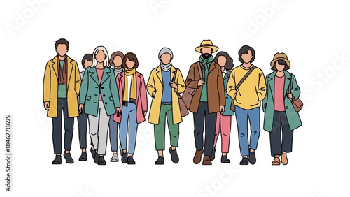 Diverse group of stylish people walking together in casual autumn or spring fashion