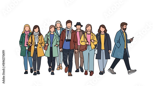 Diverse Group of People Walking Together in Modern Flat Vector Style