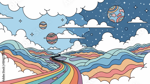 Surreal Rainbow Road Through Wavy Mountains Under Starry Sky and Clouds
