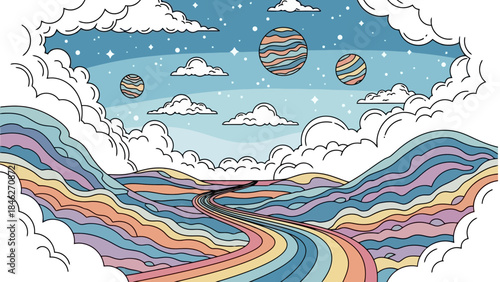 Psychedelic Rainbow Road Through Cosmic Clouds and Striped Planets