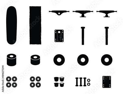 Skateboard Components Parts Isolated Black Silhouettes