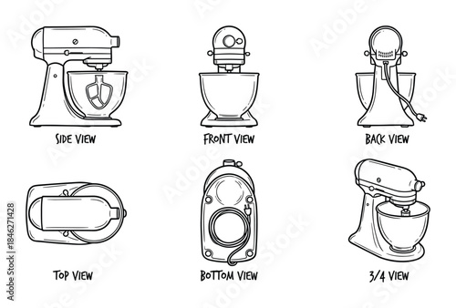 Sketch of a Stand Mixer from Multiple Angles Black and White Outline