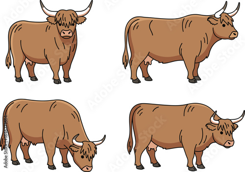 Vector set of four brown Highland cattle illustrations with long horns and shaggy hair, shown standing and grazing, perfect for Scottish themes, beef farms, and domestic livestock projects.