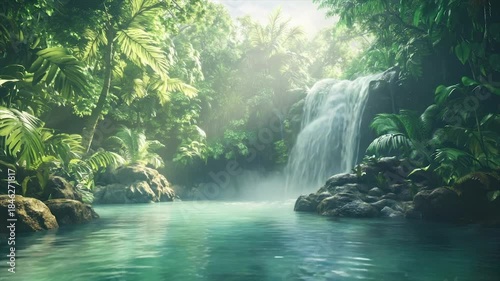 Lush tropical waterfall scene featuring a cascading waterfall, turquoise water, and verdant foliage