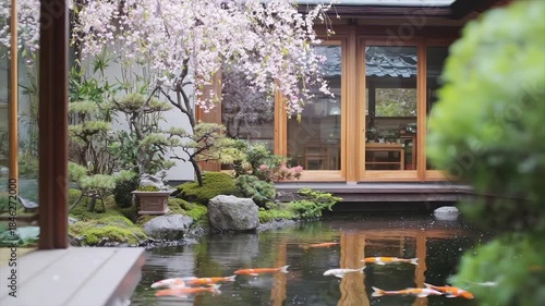 Serene Japanese garden with koi pond, cherry blossoms, manicured trees, and traditional architecture
