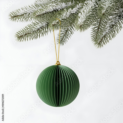 christmas  papaer ornament  hanging with snow and tree branch on a white background