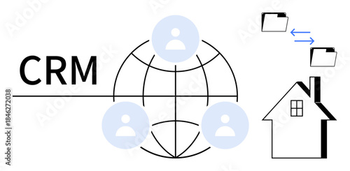 Customer relationship management, cloud networking, business data, remote collaboration, teamwork, connectivity. Globe with user icons, folders and a house icon. CRM and cloud networking concept