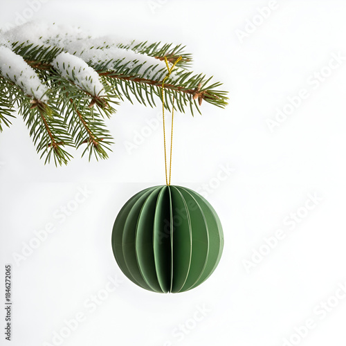christmas  papaer ornament  hanging with snow and tree branch on a white background