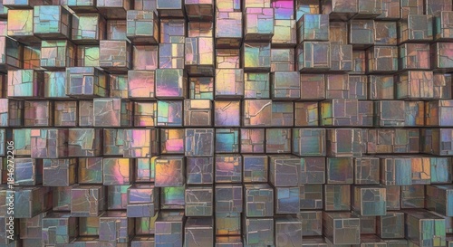 Fototapeta Naklejka Na Ścianę i Meble -  Abstract background of iridescent metallic cubes with varying height creating a textured, futuristic wall pattern