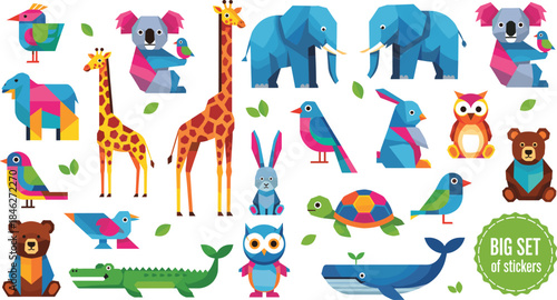 Big vector set of geometric, low-poly style wild animals including Elephant, Giraffe, Koala, Whale, Turtle, Bird, Bear, Rabbit, and Crocodile, suitable for abstract nature and sticker designs.