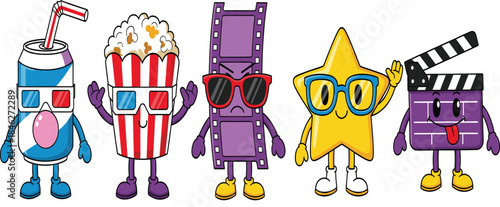Fun set of five cartoon cinema and movie characters including a soda can, popcorn bucket, film strip, star, and clapperboard wearing 3D glasses for entertainment projects.