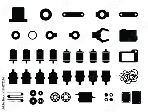 Silhouette Assortment of Mechanical and Robotic Components Illustration
