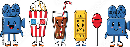 PrintCute Cartoon Cinema Movie Vector Set Featuring Happy Camera Mascot, Popcorn, Soda Drink, and Ticket for Film Festival and Entertainment Design