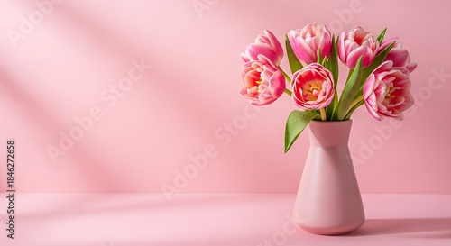 Wallpaper Mural A minimalist composition featuring a bouquet of pink tulips in a vase against a light pink background Torontodigital.ca