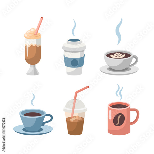 Different mugs with fragrant hot drink set. Coffee, tea cups, glass, paper glass, cocktail. Vector collection. Flat design.