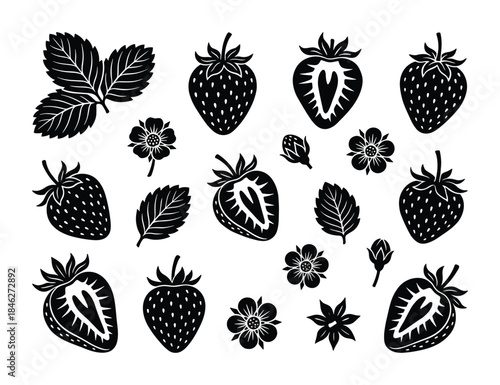 Strawberry Plant Silhouettes Black and White Vector Set