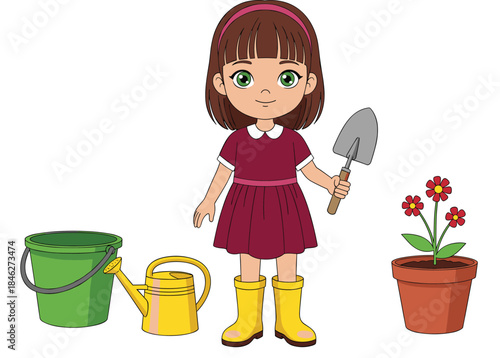 Cute little girl dressed in burgundy holding a hand shovel, standing next to gardening tools and a potted flower, ready for spring planting and horticultural activities.