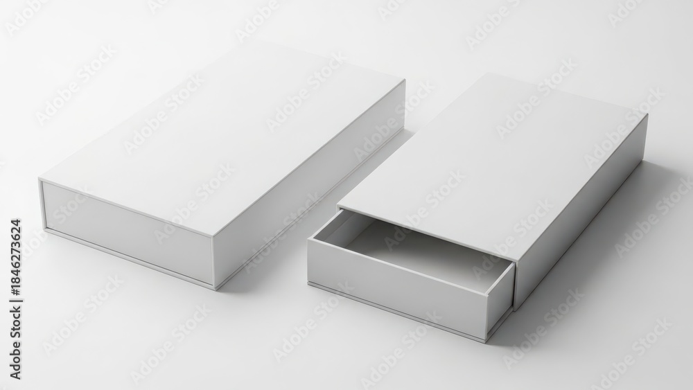 Fototapeta premium Two White Rectangular Boxes, One Open Slightly, on White Background