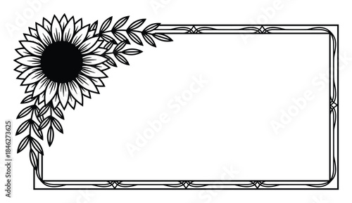 Sunflower and Leaves Border Frame, Decorative Floral Rectangle Design
