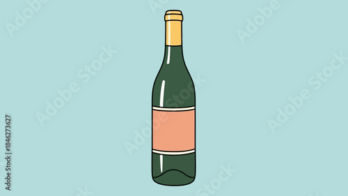 Green Wine Bottle with Peach Label and Yellow Cap on Light Blue Background