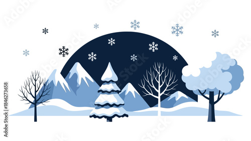 Winter Wonderland Landscape with Snowfall and Mountains