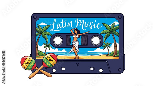 Retro Cassette Tape with Tropical Beach Scene and Latin Music Text